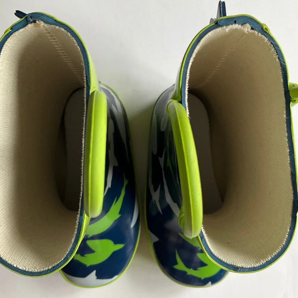 Kids Shark Print Rubber Rain Boots Blue Green 3D Fin‎ Size 6 Waterproof Unisex